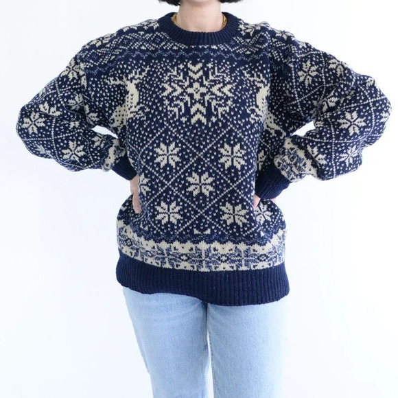 Vintage Environmental  Clothing Co Made USA 85% Wool Navy/ Cream Winter Design L - Picture 2 of 12